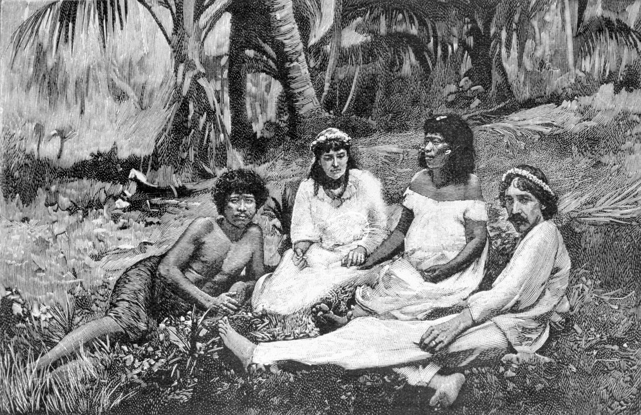 Robert Louis Stevenson (1850 - 1894) z żoną na Samoa, gdzie wydał swoją rezydencję w Vailimie. Grawer około 1890-1895. autorstwa Unknown artist