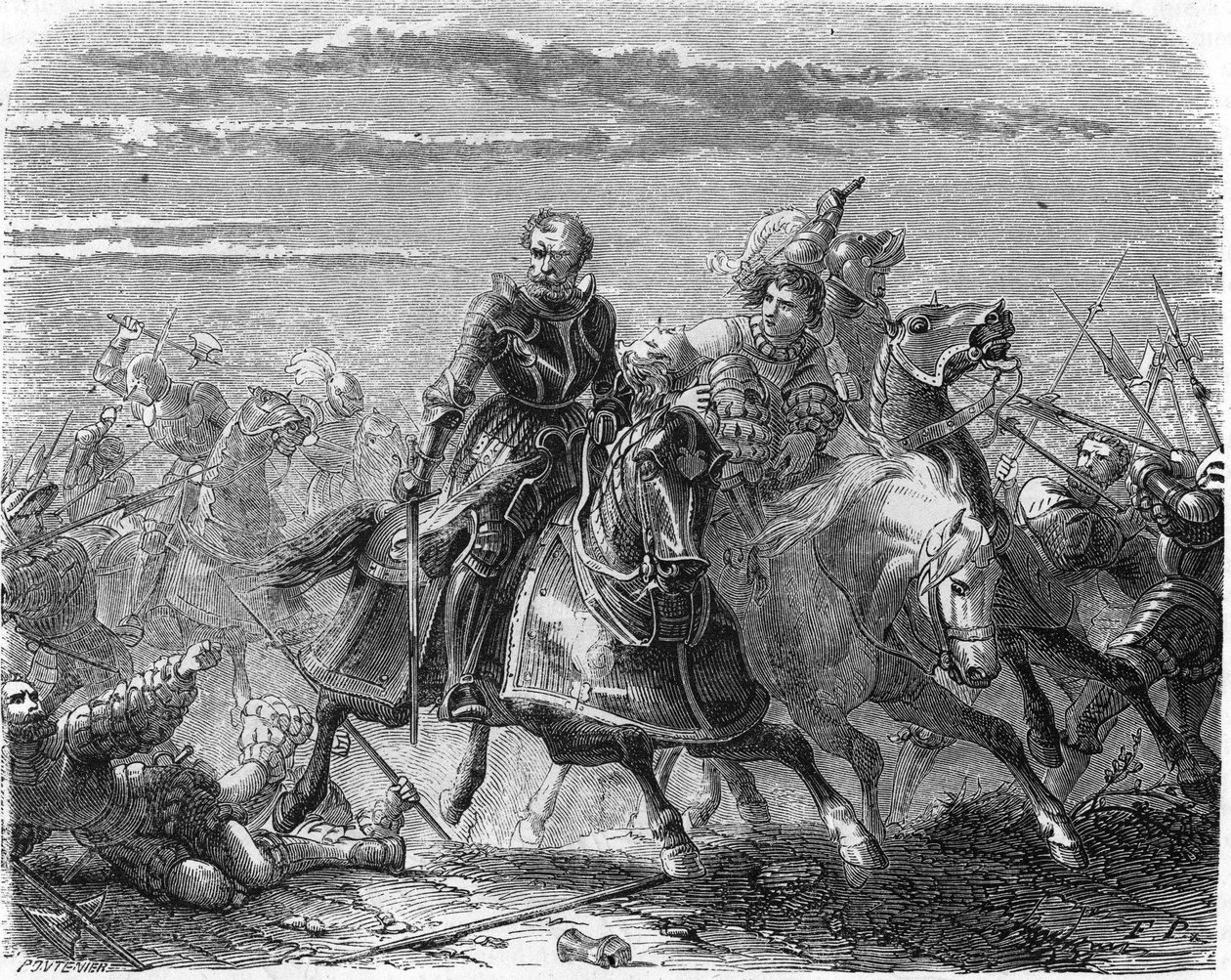 Robert z Marka Landsknechtów zabiera Szwajcarowi ciało syna. Rycina XIX wieku. autorstwa Unknown artist