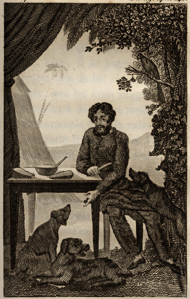 Psy Robinsona Crusoe czekają, aż rzuci trochę kawałków do jedzenia, grawer umieszczony w „Les aventures de Robinson Crusoe” Daniela Defoe (1660-1731), wydanie la librairie d