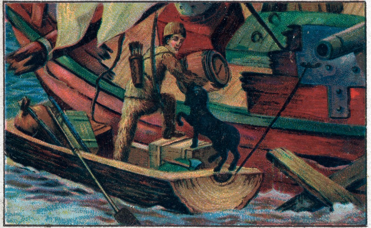 Robinson odwiedza szczątki. Ilustracja do książki Daniela Defoe (De foe) „”Robinson Crusoe””. Chromolitografia z końca XIX wieku. autorstwa Unknown artist
