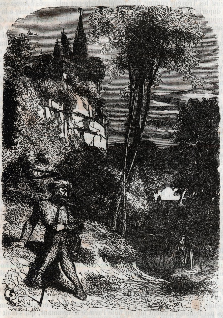 Rodomont, Isabella and the Old Hermit - 1851 grawerowanie z „” Wściekły Roland”” (Orlando furioso) (XVI w.) Ludovico Ariosto, znanego jako Ariosto - Wydanie przetłumaczone z języka włoskiego przez hrabiego Tressan i opublikowane przez Gustave