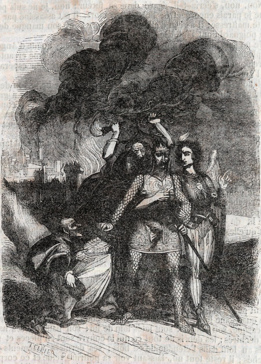 Rodomont opuszcza Paryż - rycina z 1851 r. z „Roland furieux” (Orlando furioso) (XVI w.) Ludovico Ariosto, zwanego Ariosta - Wydanie przetłumaczone z włoskiego przez hrabiego Tressan i wydane przez Gustave