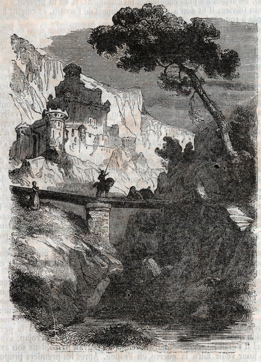 Rodomont pokonany przez Bradamante - rycina 1851 z „”Wściekły Roland”” (Orlando furioso) (XVI w.) Ludovico Ariosto, zwanego Ariosto - Wydanie przetłumaczone z włoskiego przez hrabiego Tressan i wydane przez Gustave