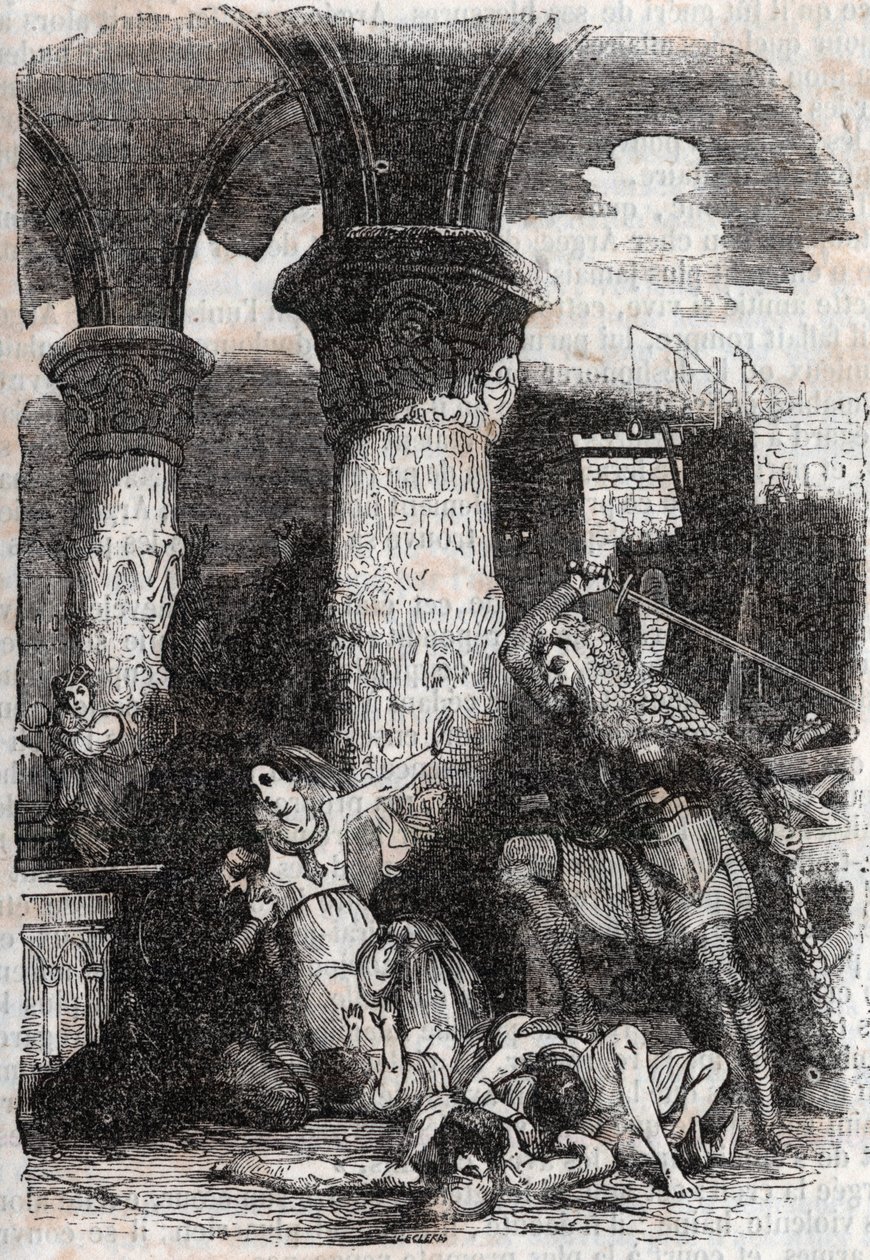 Rodomont massacre les habitatnts de Paris - rycina z 1851 r. z „Roland furieux” (Orlando furioso) (XVI w.) Ludovico Ariosto, zwanego Arioste - Wydanie przetłumaczone z języka włoskiego przez hrabiego Tressan i wydane przez Gustave