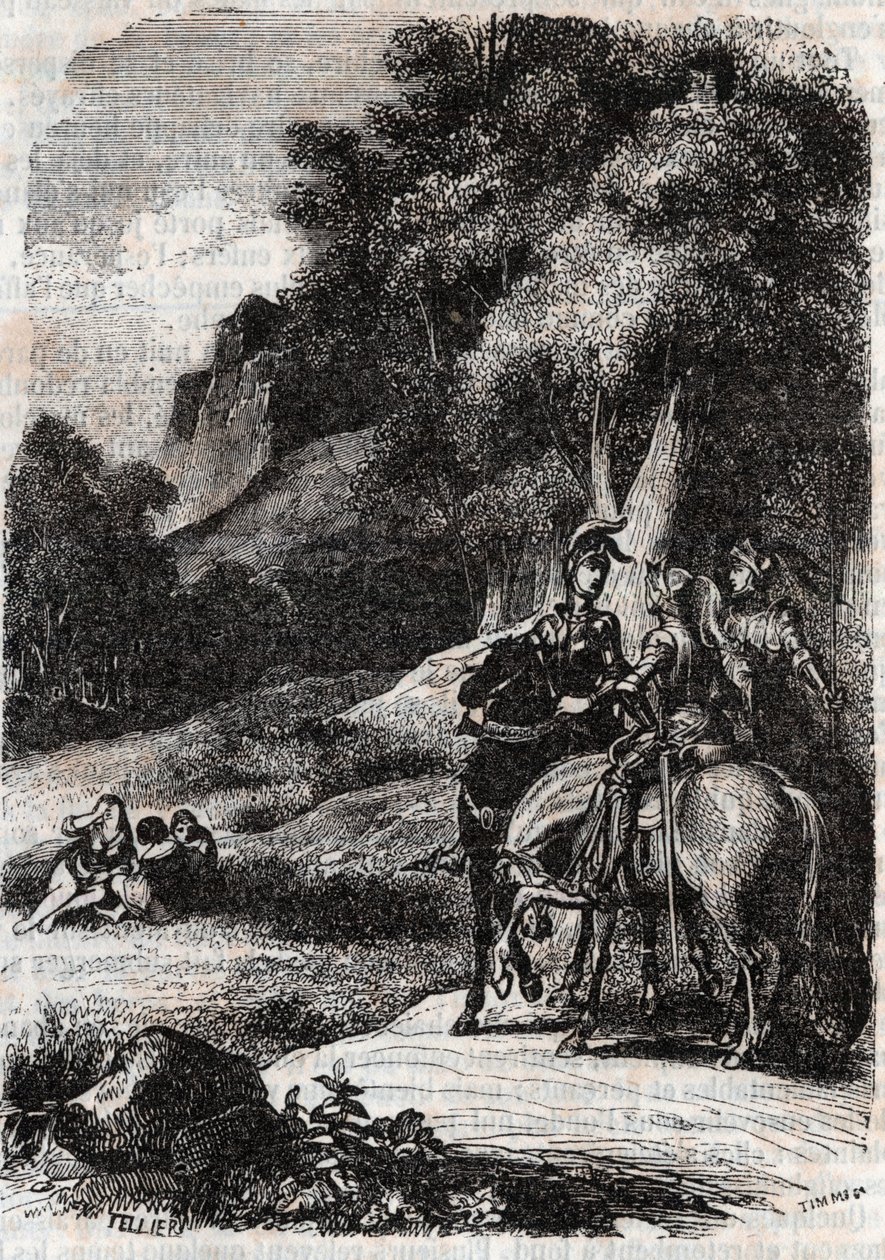 Roger (Ruggero, Ruggiero), Marphise (Marfisa) i trzy kobiety - grawerunek z 1851 r. z „Roland furieux” (Orlando furioso) (XVI w.) Ludovico Ariosto, zwany Ariosto - Wydanie przetłumaczone z języka włoskiego przez hrabiego Tressan i opublikowane przez autorstwa Unknown artist