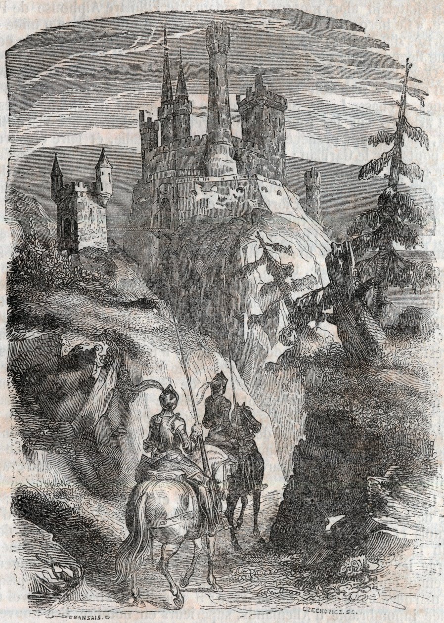 Roger (Ruggero, Ruggiero) i Richardet widzą zamek Aigremont - rycina z 1851 r. z „Roland furieux” (XVI wiek) Ludovico Ariosto, znanego jako Ariosta – wydanie przetłumaczone z języka włoskiego przez hrabiego Tressan i publ autorstwa Unknown artist