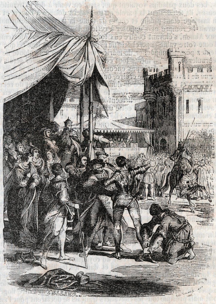 Roger (Ruggero, Ruggiero) przeciwstawia się w bitwie Rodomonta (Rodomonte) - rycina 1851 z „” Wściekły Roland” (Orlando furioso) (XVI w.) Ludovico Ariosto, znanego jako Ariosta - Wydanie przetłumaczone z języka włoskiego przez hrabiego Tressan i publikuj autorstwa Unknown artist