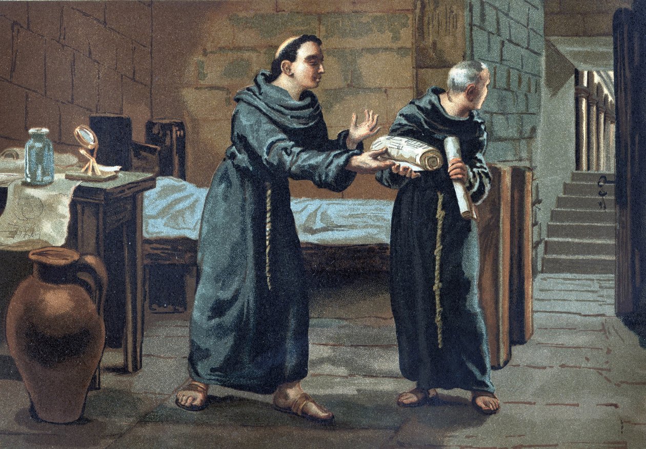 Roger Bacon, franciszkański mnich, teolog, filozof i angielski uczony (1214-1294) przesłał papieżowi książkę „Opus majus” (1267-1268) – w „La Ciencia y sus Hombres” Louisa Figuiera. Barcelona 1881 autorstwa Unknown artist
