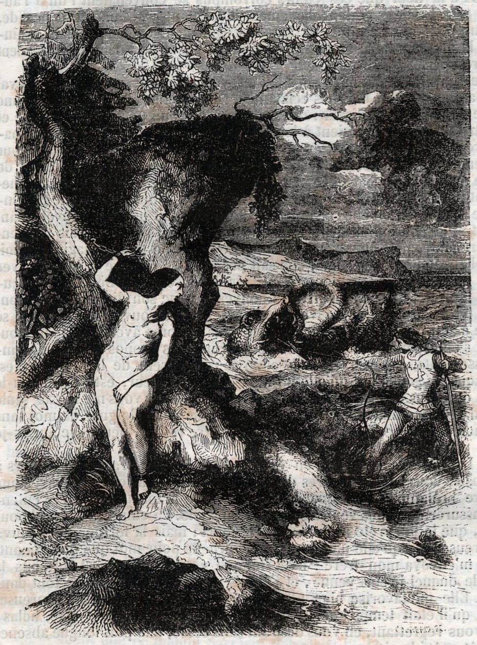 Roland delivre Olympe - rycina z 1851 r. z „Roland furieux” (Orlando furioso) (XVI w.) Ludovico Ariosto, znanego jako Ariosto - Wydanie przetłumaczone z języka włoskiego przez hrabiego Tressan i wydane przez Gustave