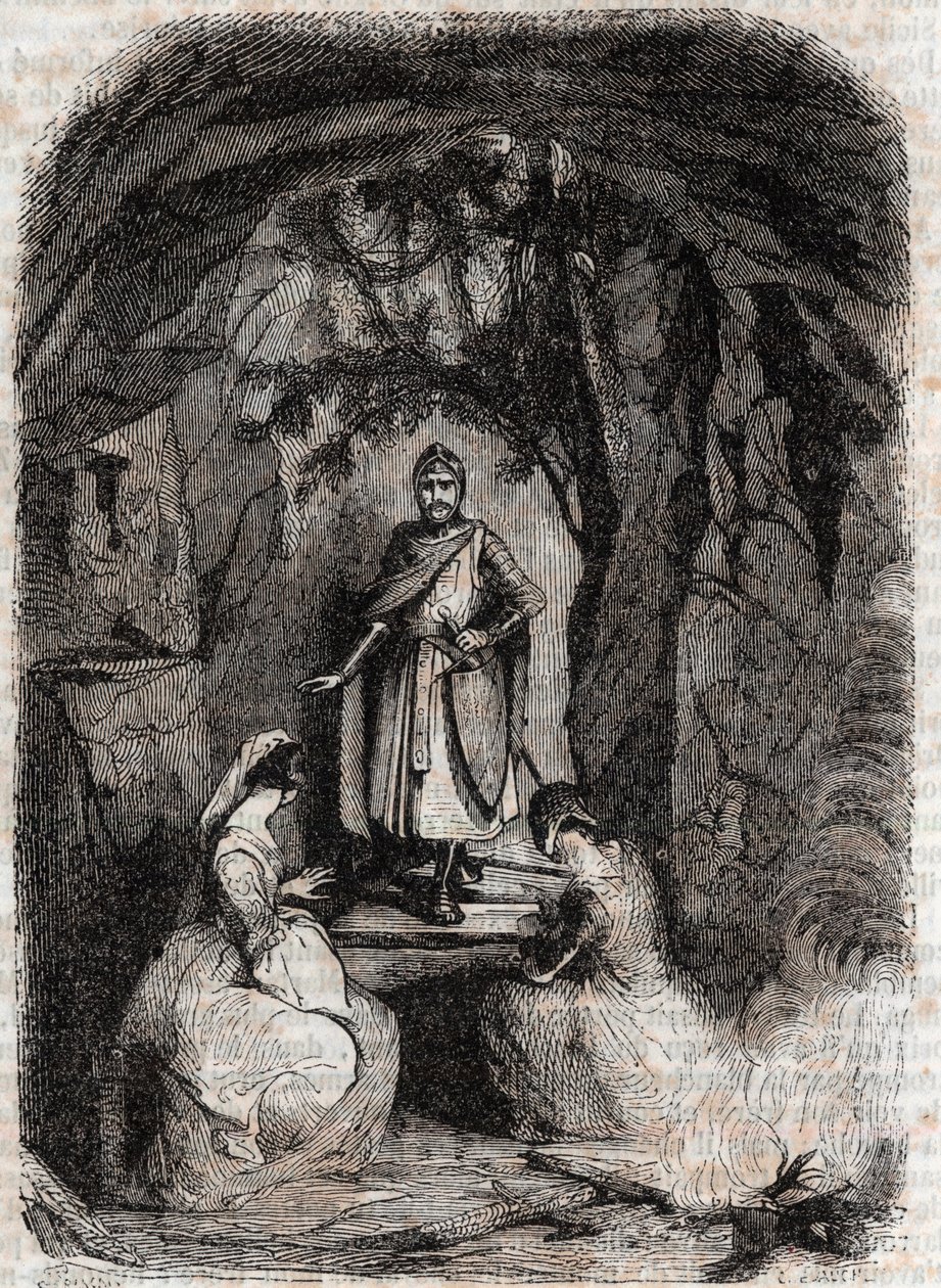 Roland widzi Isabelle w jaskini - grawerunek z 1851 r. z „Wściekły Roland” (Orlando furioso) (XVI w.) Ludovico Ariosto, znanego jako Ariosta - Wydanie przetłumaczone z włoskiego przez hrabiego Tressan i opublikowane przez Gustave
