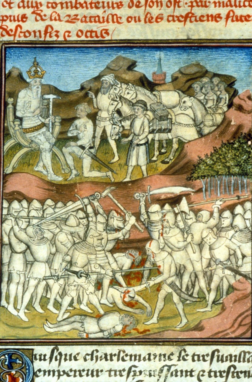 Śmierć Rolanda. Karol Wielki wysyła swoich rycerzy do walki; rycerz Roland ginie w bitwie pod Roncevaux (778) - Miniatura średniowiecza (ref. 512 autorstwa Unknown artist