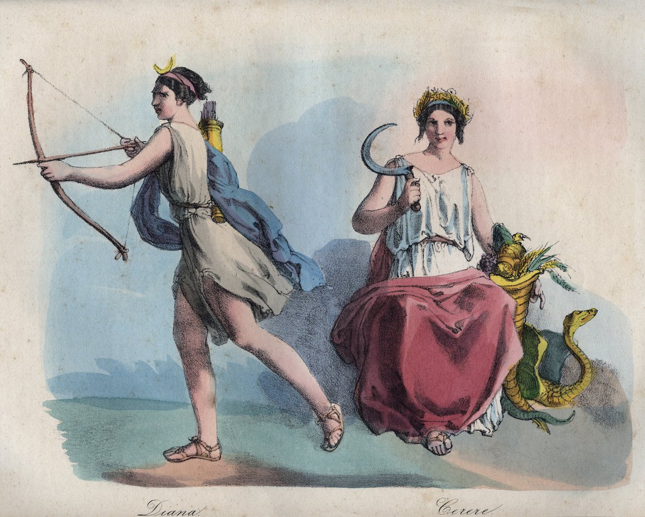 Mitologia rzymska - Diana (Diane) bogini łowów i bogini rolnictwa Ceres - rycina z „Zwyczajów i zwyczajów wszystkich narodów wszechświata. To jest historia rządów, praw, milicji, religii wszystkich narodów od najbardziej r autorstwa Unknown artist