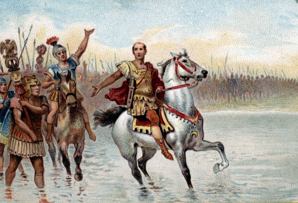 Rzymski system polityczny: konsul. Jules Cesar przekroczył rzekę Rubikon ze swoimi legionami w ramionach 10 stycznia 49 pne śladami Pompejusza Wielkiego (Gneo Pompeo Magno lub Gnaeus Pompeius Magnus autorstwa Unknown artist
