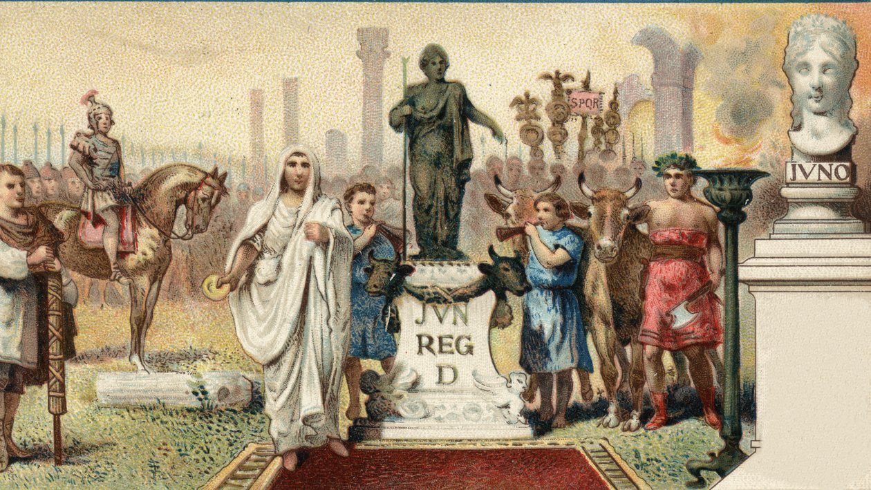 Rzymski system polityczny. Trybuna plebejska: Caius Sempronius Gracchus (Gaio (Caio) Sempronius Gracco) (154-122 pne), rzymski mąż stanu (z bratem nazywany „Les Gracques”) utworzył dla kolonii nowe miasto (Junonia) w Kartaginie. Chromolitografia l autorstwa Unknown artist
