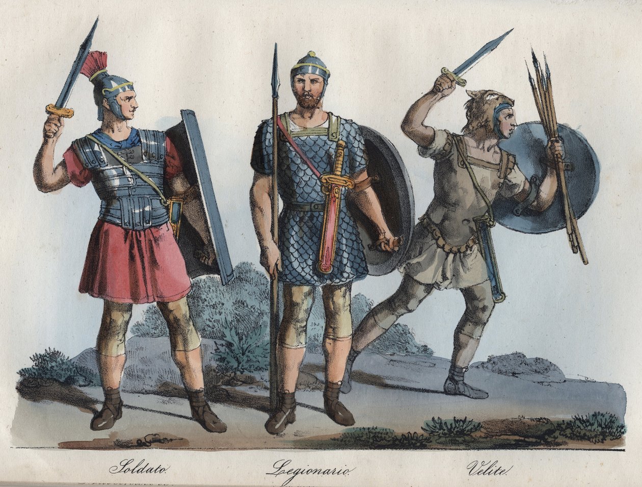 Żołnierz rzymski - Legionista - Welici (lekka piechota) - grawer z „” Zwyczajów i Tradycji Wszystkich Ludów Wszechświata. To jest historia rządów, praw, milicji, religii wszystkich narodów od najdalszych czasów do dnia dzisiejszego” autorstwa Unknown artist