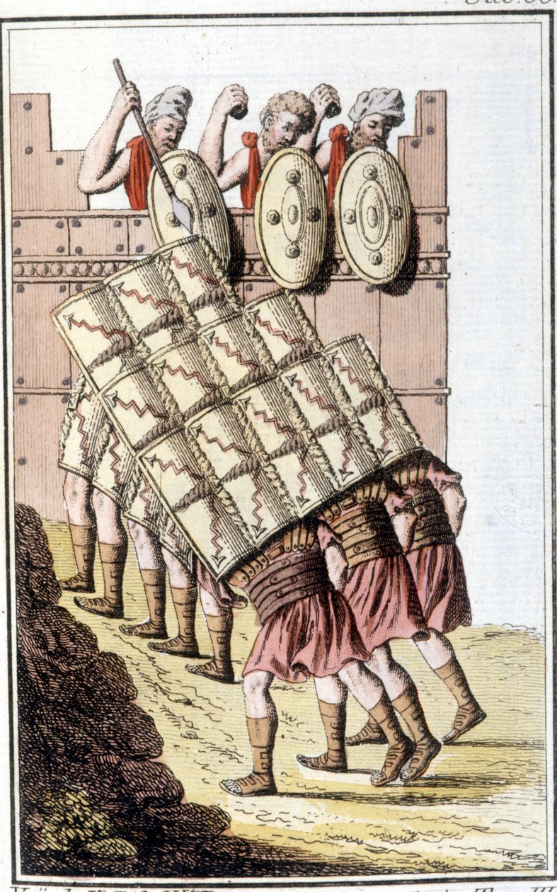Żołnierze rzymscy (legion rzymski) manewrujący i broniący się tarczami. Grawerunek z początku XIX wieku autorstwa Unknown artist