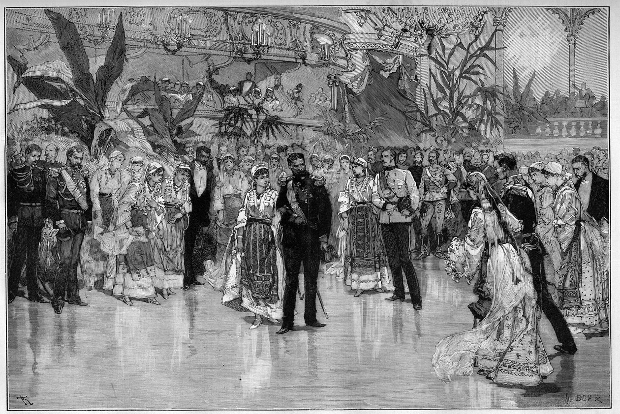 Rumunia: Bal wydany na cześć księcia Rodolfa (1858-1889) i księżnej Stefanii Austro-Węgier (1864-1945) w Teatrze Narodowym w Bukareszcie. Grawerowanie w „”Le Monde Illustré”” autorstwa Unknown artist