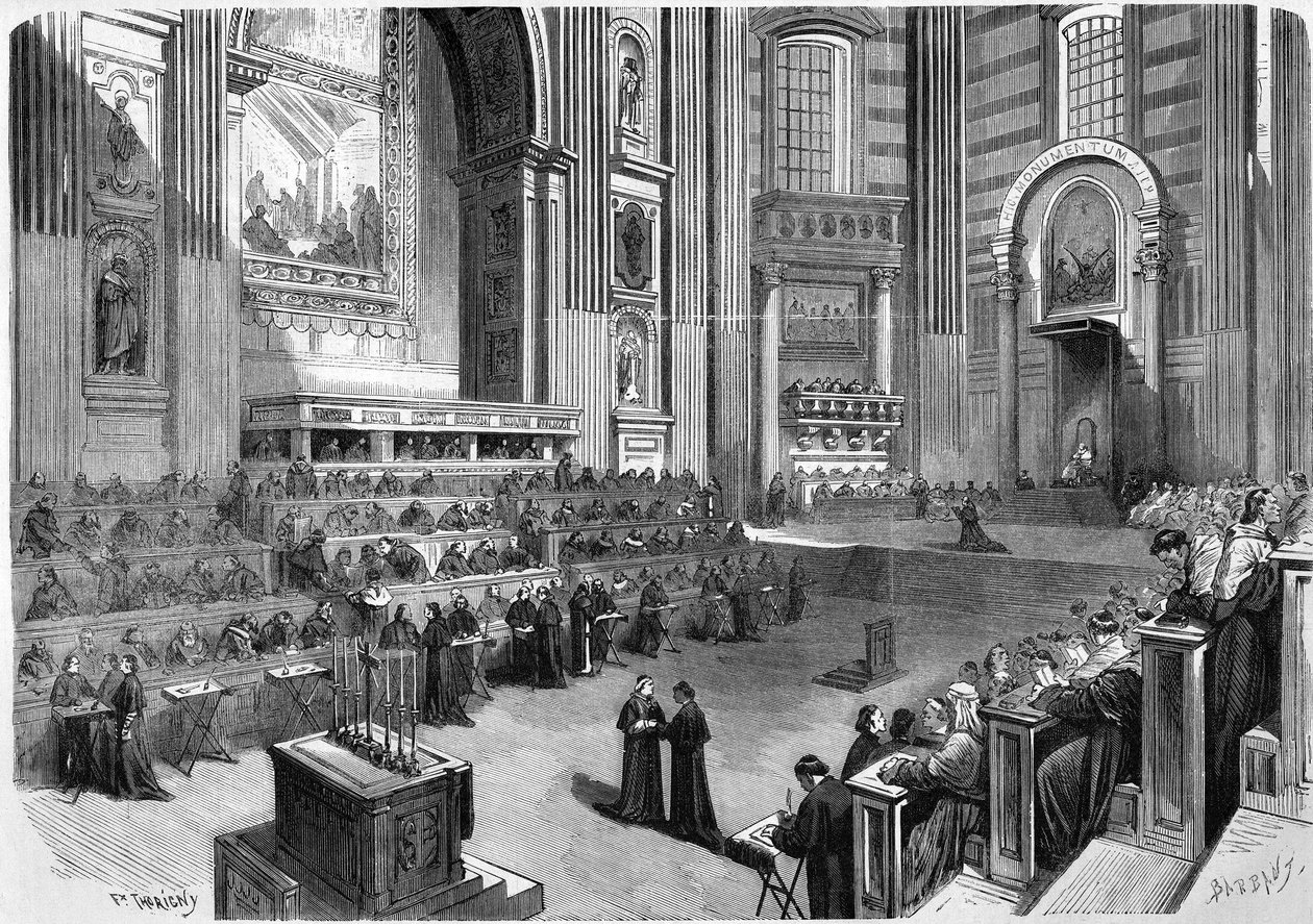 Rzym 1869, pierwsze posiedzenie soboru ekumenicznego z 1869 r., które odbyło się 9 grudnia w prawej części transeptu kościoła św. Piotra. autorstwa Unknown artist