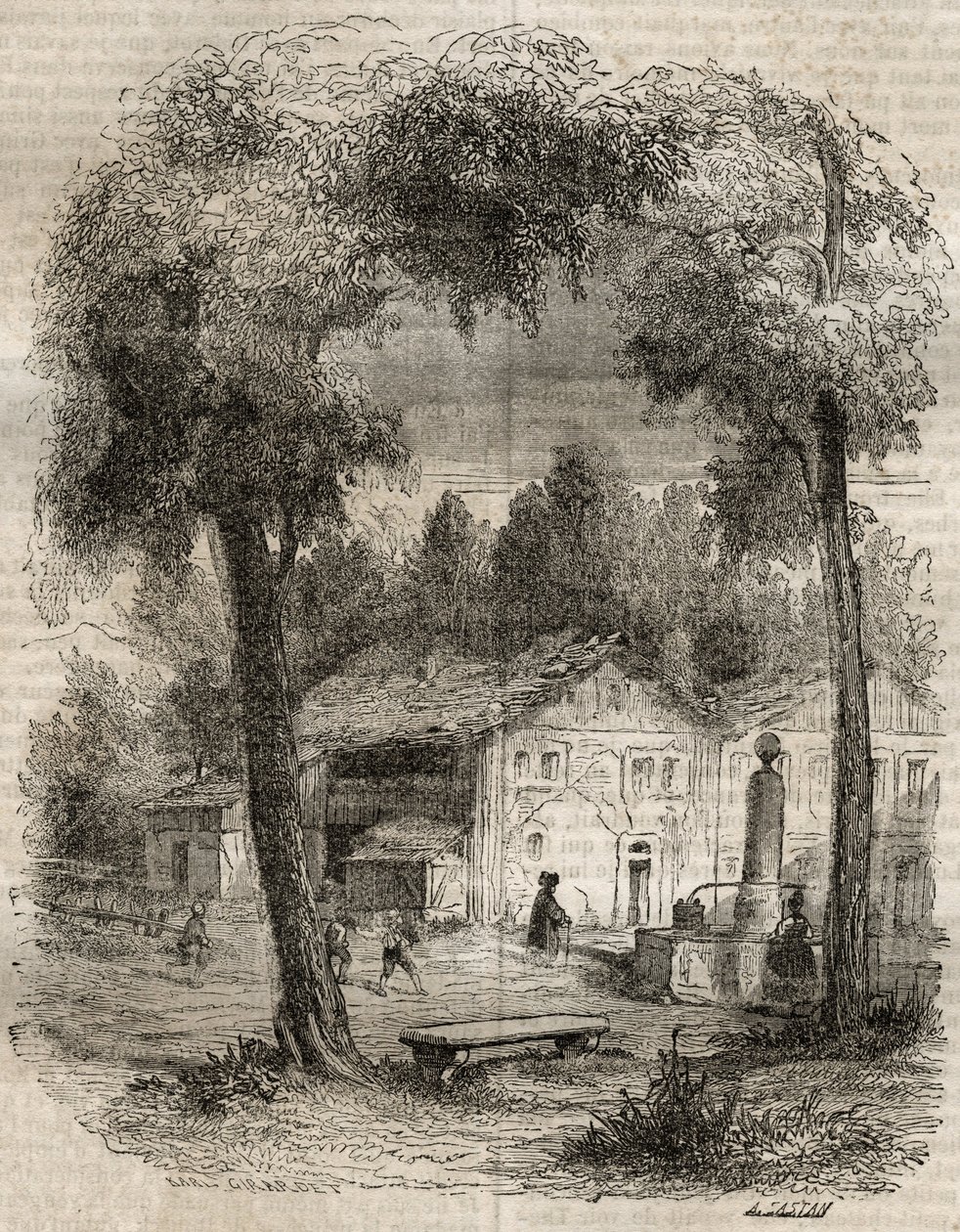 Rousseau a Motiers (Kanton Neuchâtel) - Ilustracja do „Wyznań” Jean-Jacquesa (Jean Jacques) Rousseau (1712-1778) - rycina z 1849 r. autorstwa Unknown artist