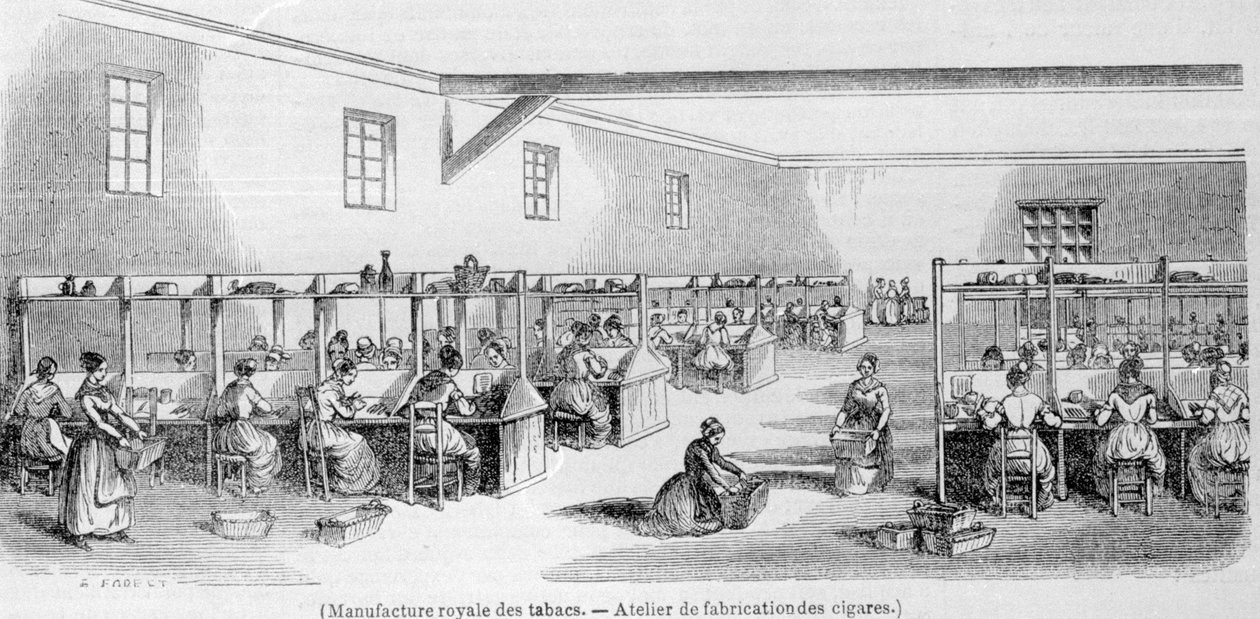 Royal Tobacco Manufacture: warsztat produkcji cygar. Grawerowanie z XIX wieku. autorstwa Unknown artist