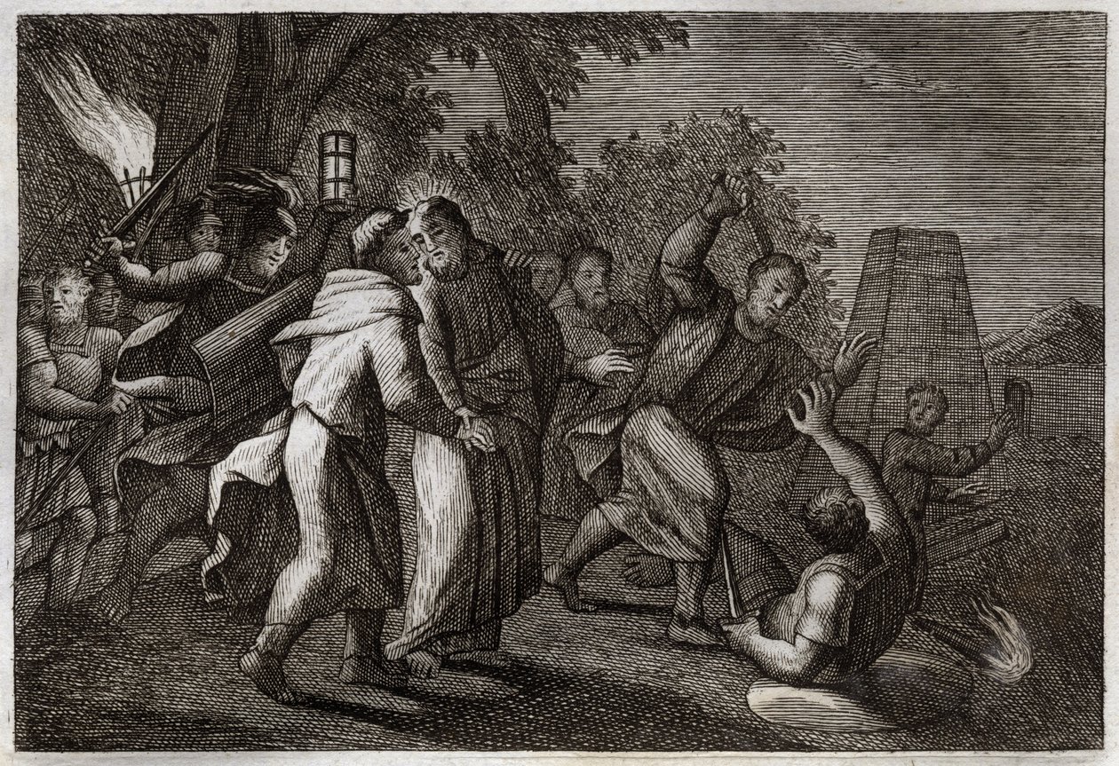 Biblia Royaumont, Nowy Testament: Aresztowanie Jezusa Chrystusa lub pocałunek Judasza. Żołnierze przybywają, by aresztować Chrystusa w Ogrodzie Oliwnym. Św. Piotr odcina ucho jednemu z nich. Ilustracja z 1811 roku. autorstwa Unknown artist
