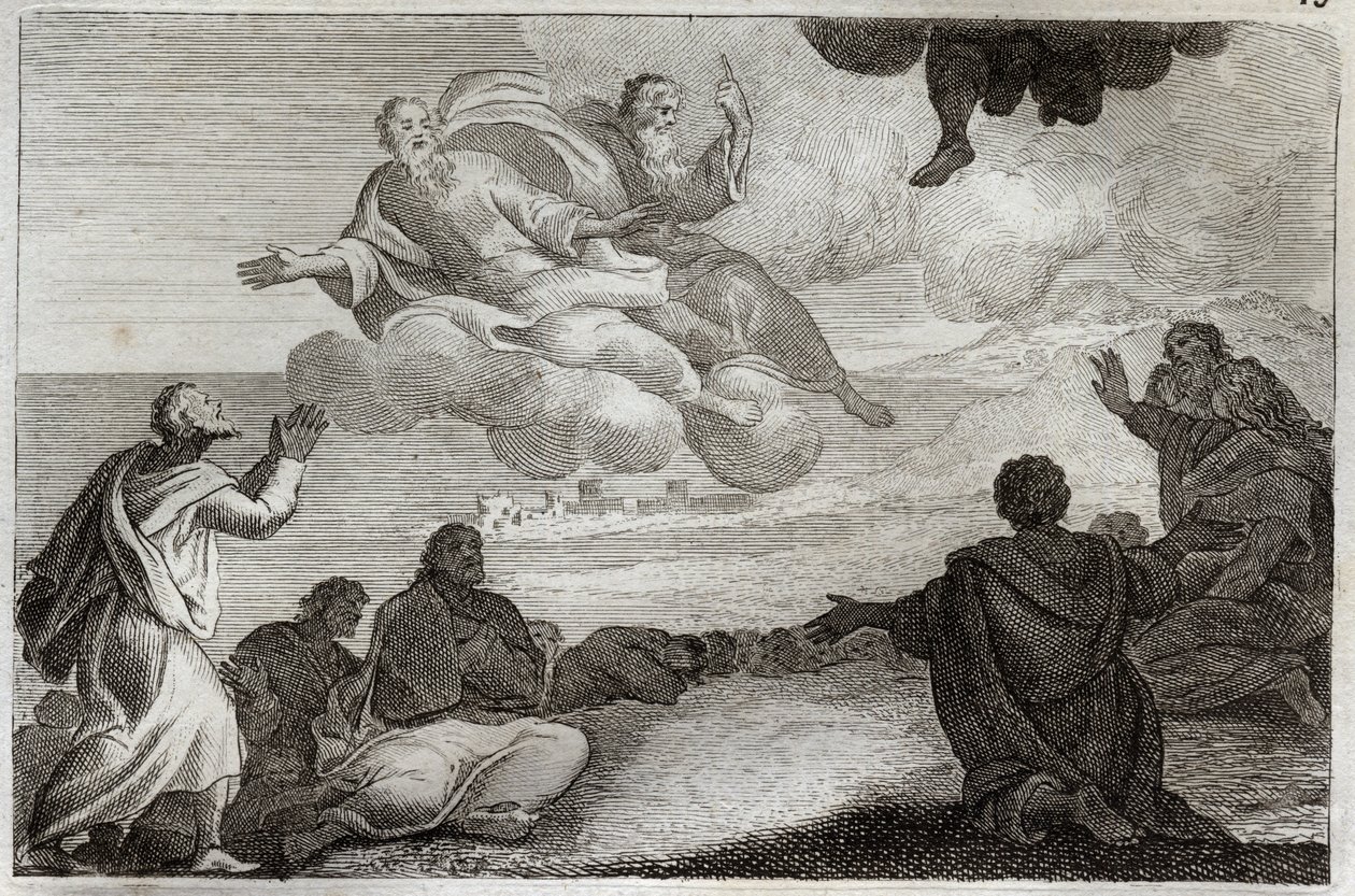 Biblia Royaumont, Nowy Testament: Wniebowstąpienie Jezusa Chrystusa. Chrystus został zabrany z nieba i pobłogosławił Apoterów, zanim zniknął w obłoku. Ilustracja z 1811 roku. autorstwa Unknown artist