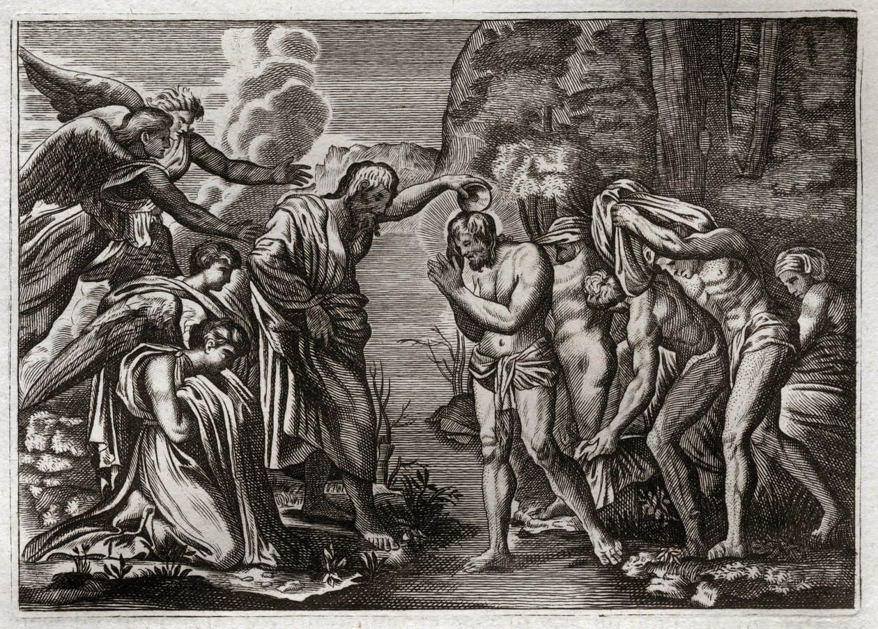 Biblia Royaumont, Nowy Testament: Chrzest Jezusa Chrystusa. Święty Jan Chrzciciel chrzczący Jezusa Chrystusa w wodach Jordanu. Ilustracja z 1811 roku. autorstwa Unknown artist