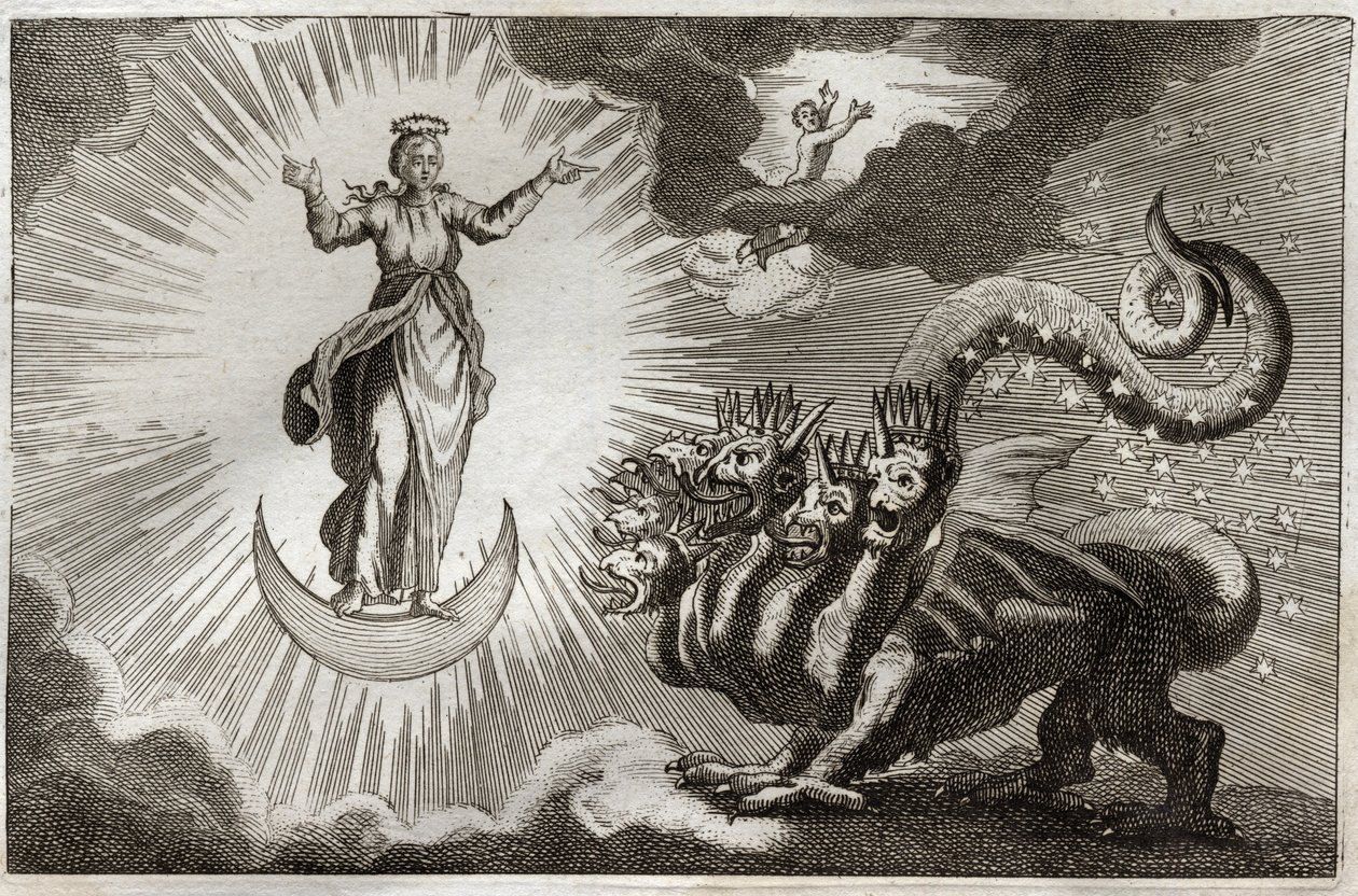 Biblia Royaumonta, Nowy Testament: Bete Objawienia. Św. Jan widzi potworną bestię z siedmioma głowami i dziesięcioma rogami oraz brzemienną kobietę otoczoną światłem, pod której stopami znajduje się księżyc, a na jej głowie korona z dwunastu gwiazd. Ilustr autorstwa Unknown artist