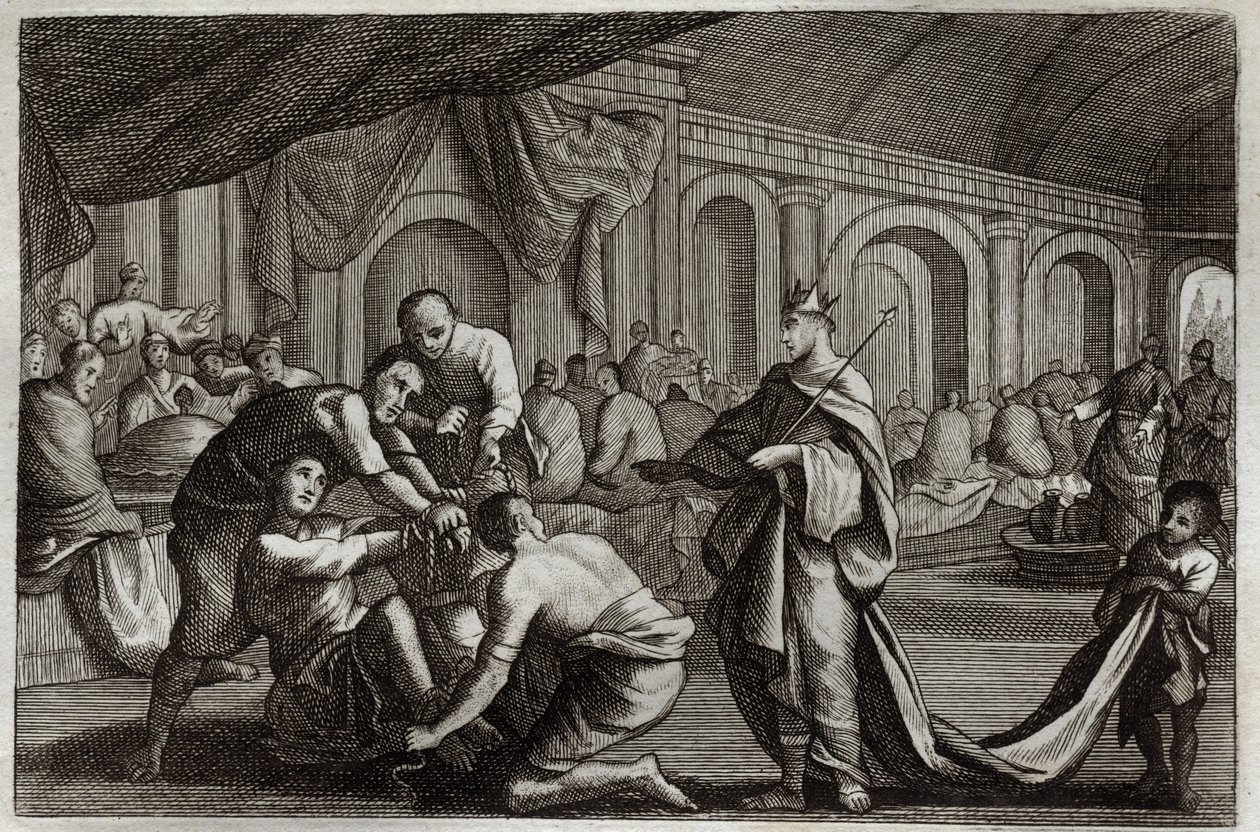 Biblia Royaumont, Nowy Testament: Suknia ślubna. Przypowieść o królu, który dokonał ślubu swego syna, z którego odrzucił mężczyznę, który nie miał sukni ślubnej. Ilustracja z 1811 roku. autorstwa Unknown artist