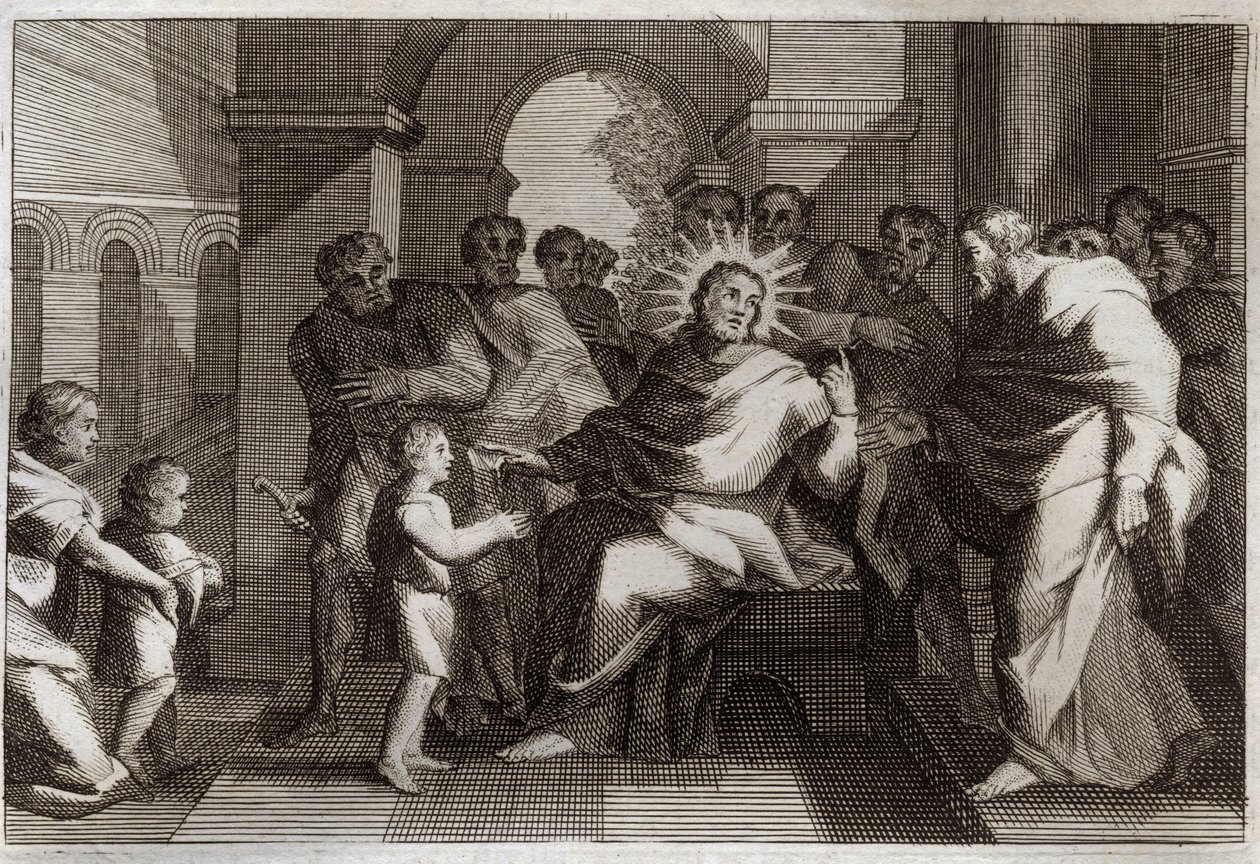 Biblia Royaumonta, Nowy Testament: dziecięcy wzór pokory. Jezus Chrystus proponuje swoim uczniom dziecko jako wzór pokornego chrześcijanina. Ilustracja z 1811 roku. autorstwa Unknown artist