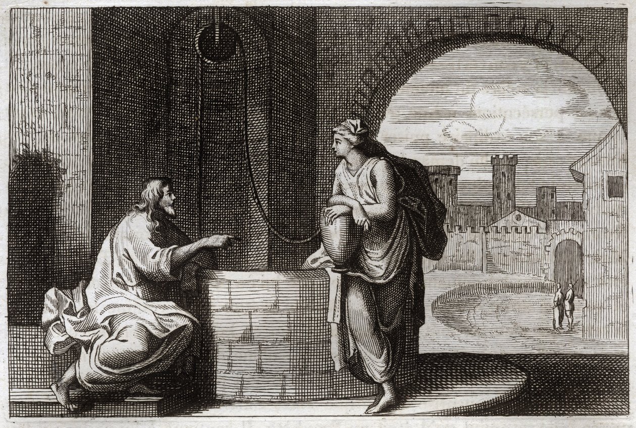 Biblia Royaumont, Nowy Testament: Chrystus i Samarytanin przy studni. Jezus Chrystus nawraca Samarytankę. Ilustracja z 1811 roku. autorstwa Unknown artist