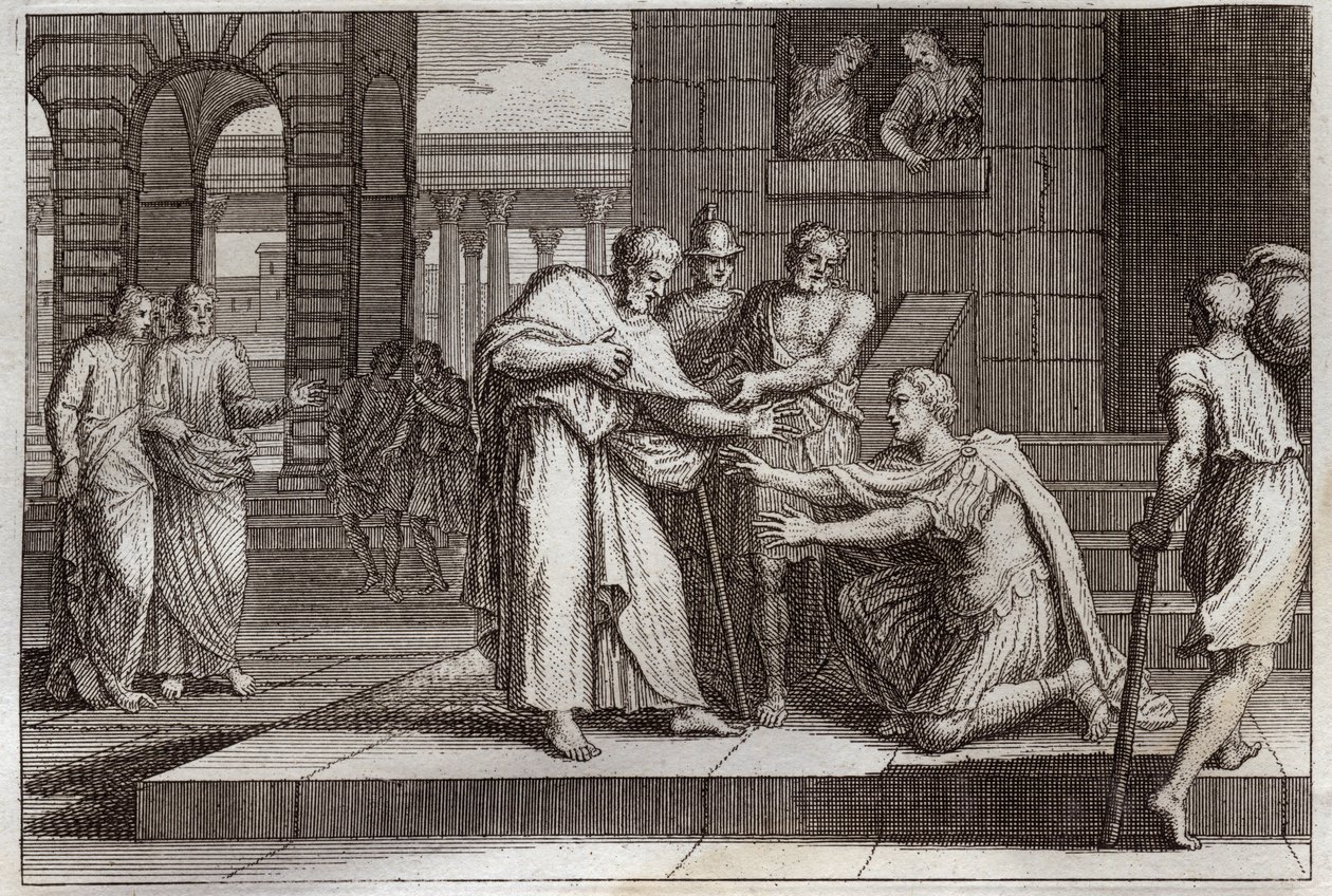 Biblia Royaumonta, Nowy Testament: Korneliusz chrzci. Wrona setnik przyjmuje wiarę Jezusa Chrystusa i zostaje ochrzczona przez św. Piotra. Ilustracja z 1811 roku. autorstwa Unknown artist