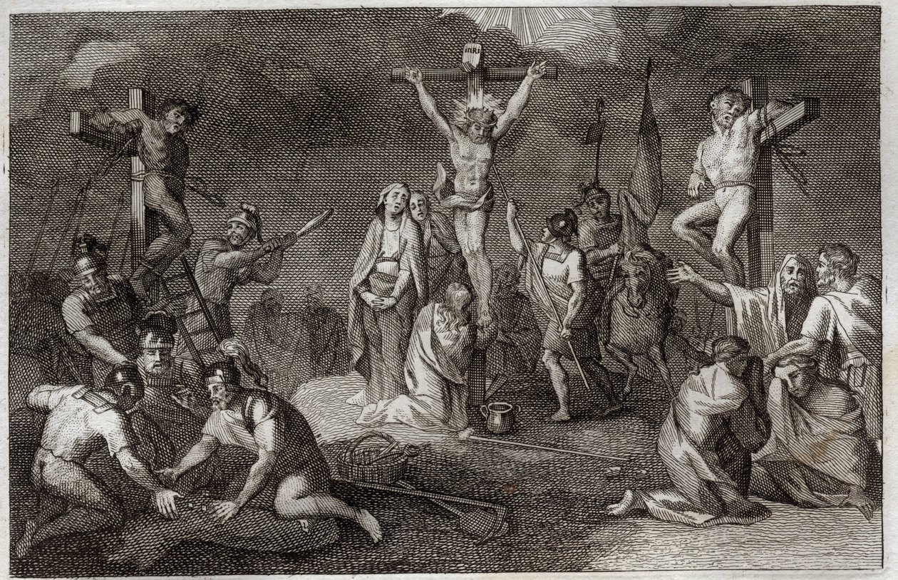 Biblia Royaumont, Nowy Testament: Ukrzyżowanie Jezusa Chrystusa. Matka Boska, św. Maria Magdalena i św. Jan pod krzyżem, św. Longin setnik (św. Longin) z włócznią, żołnierze w tunice Chrystusa. Po bokach repr autorstwa Unknown artist