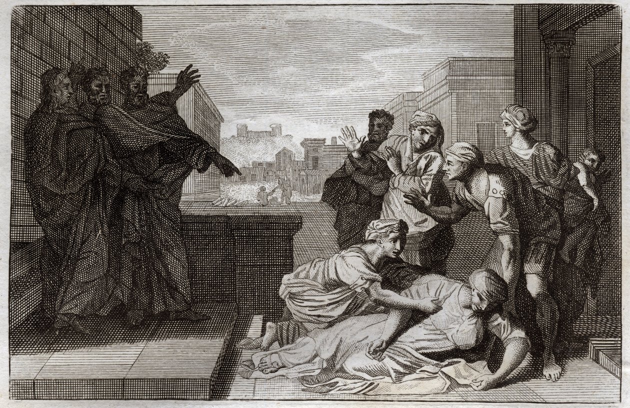Biblia Royaumont, Nowy Testament: Śmierć Anania i jego żony Saphire przed św. Piotrem i św. Janem. Ilustracja z 1811 roku. autorstwa Unknown artist