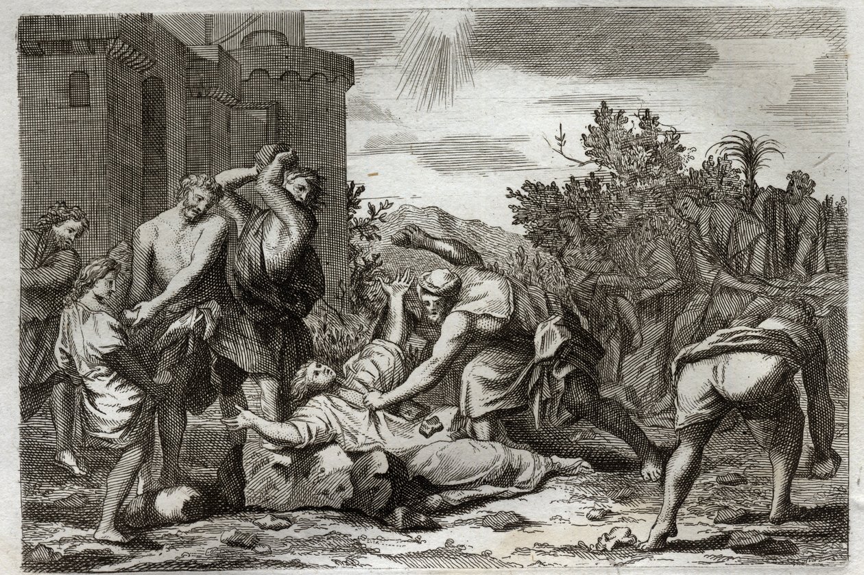 Biblia Royaumont, Nowy Testament: Śmierć św. Szczepana, pierwszego męczennika chrześcijańskiego, przez ukamienowanie. Ilustracja z 1811 roku. autorstwa Unknown artist