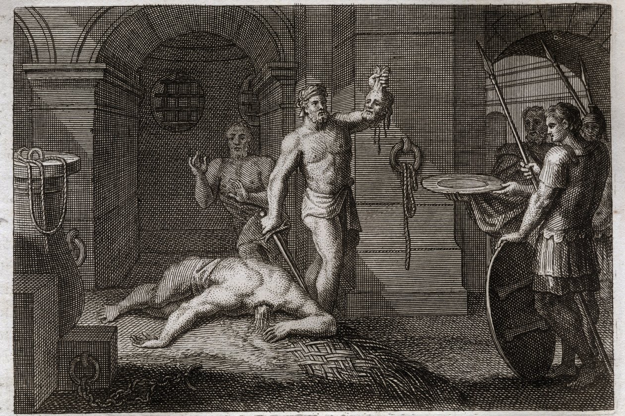Biblia Royaumont, Nowy Testament: Dekolacja św. Jana Chrzciciela. Jeden kładzie głowę na płaskowyżu. Ilustracja z 1811 roku. autorstwa Unknown artist