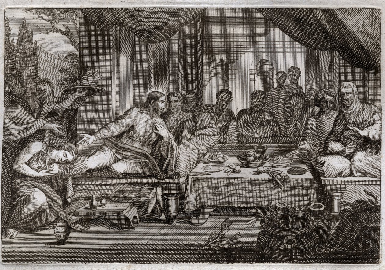 Biblia Royaumont, Nowy Testament: Kolacja u Szymona Faryzeusza. Maria Magdalena poszła płakać u stóp Jezusa Chrystusa u Szymona faryzeusza i uzyskała przebaczenie grzechów. Namaszcza maścią stopy Chrystusa i wyciera je włosami. Il autorstwa Unknown artist