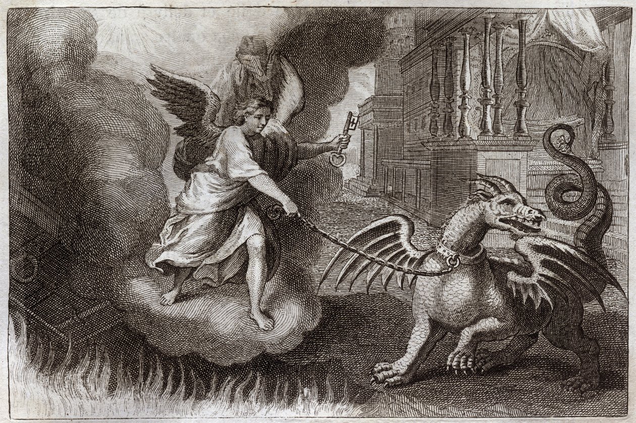 Biblia Royaumonta, Nowy Testament: Smocze Łańcuchy. Smok Apokalipsy, symbol Diabła, jest przykuty łańcuchem przez Anioła trzymającego klucz abime. Ilustracja z 1811 roku. autorstwa Unknown artist