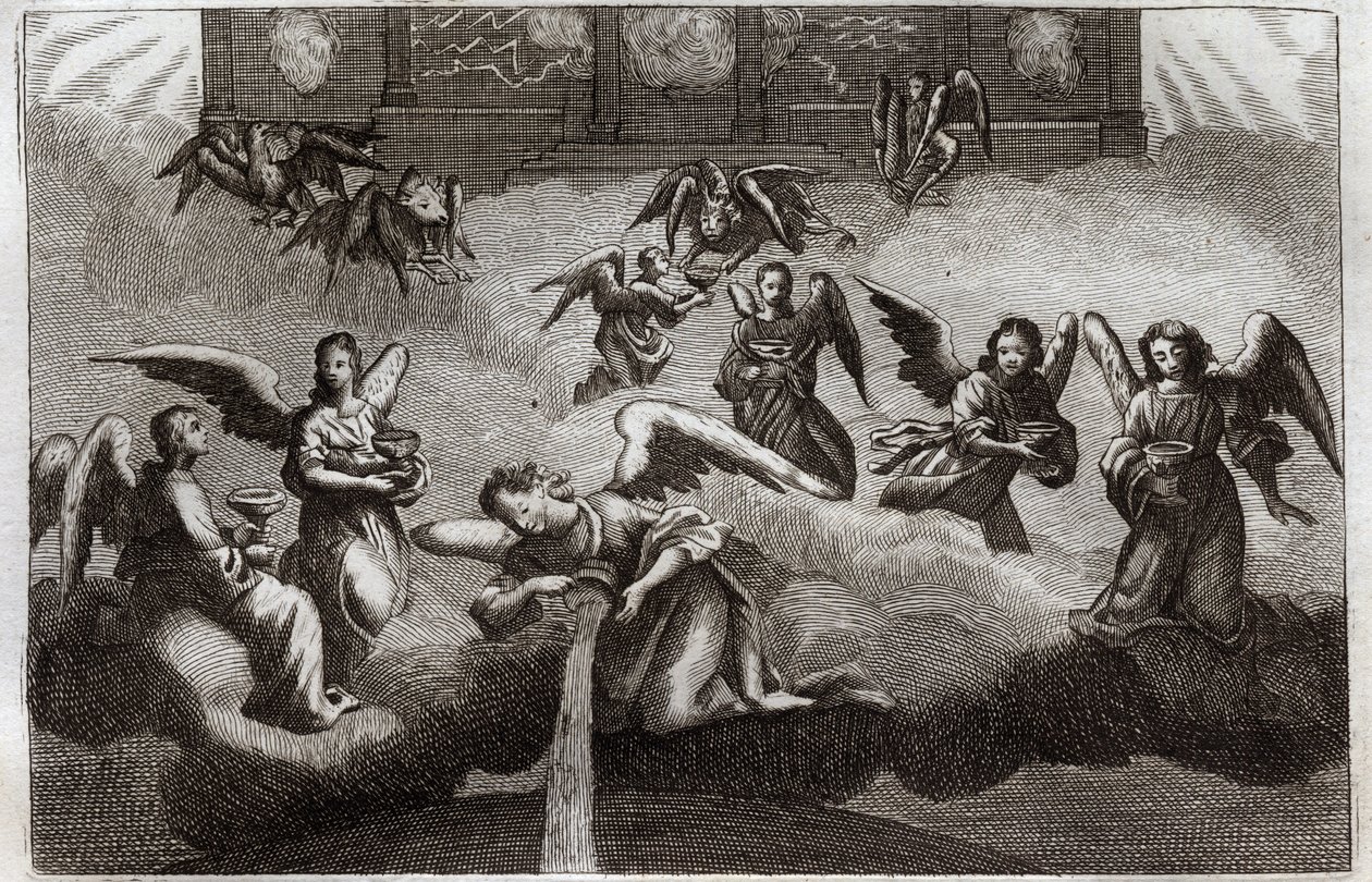 Biblia Royaumonta, Nowy Testament: Smok Objawienia. Siedmiu Aniołów wylewa na ziemię zawartość swojego kielicha, symbolu Bożego gniewu. Ilustracja z 1811 roku. autorstwa Unknown artist