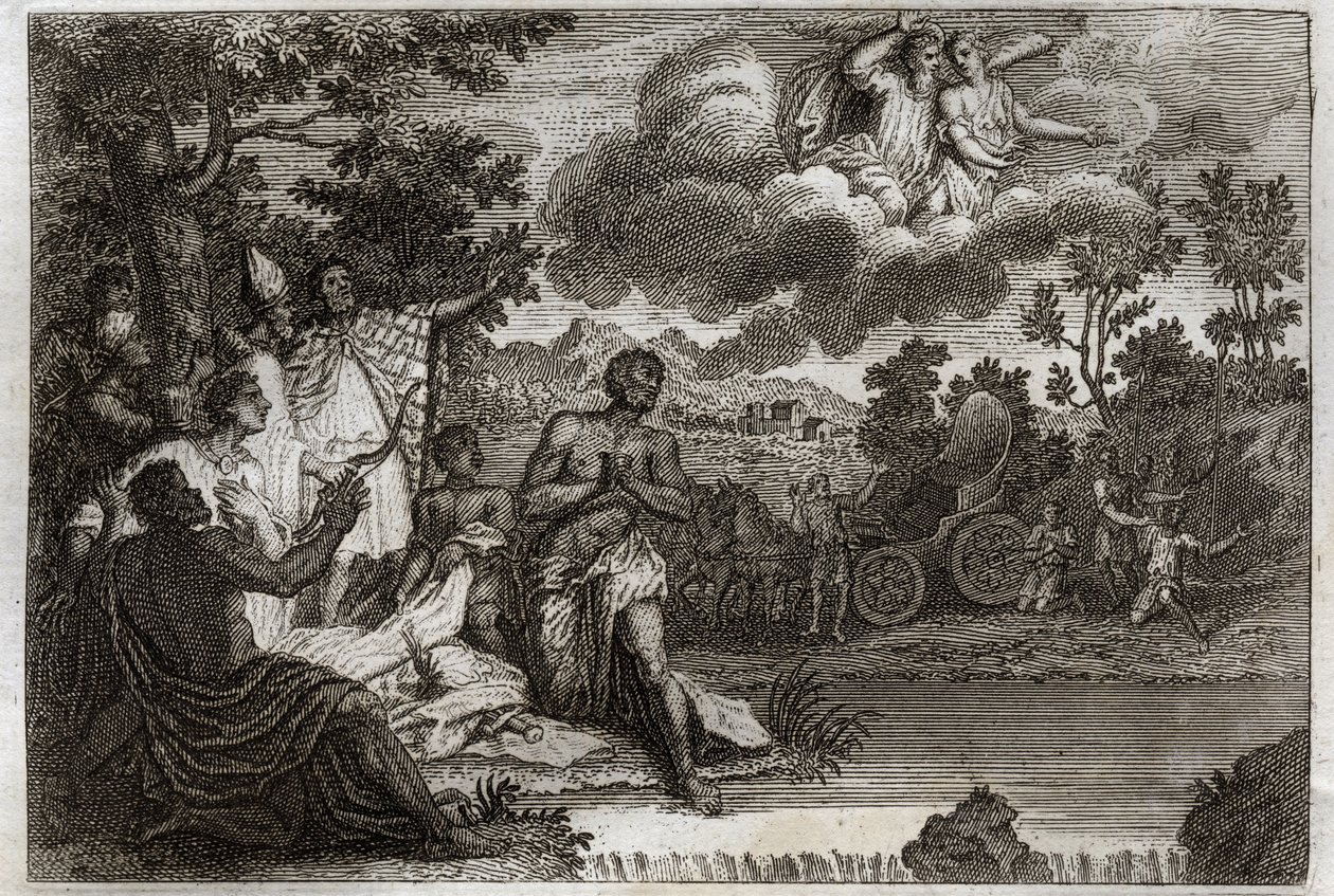 Biblia Royaumont, Nowy Testament: Eunuch chrzci. Św. Filip Diakon ogłasza wiarę eunuchowi królowej Etiopii i udziela mu chrztu. Ilustracja z 1811 roku. autorstwa Unknown artist