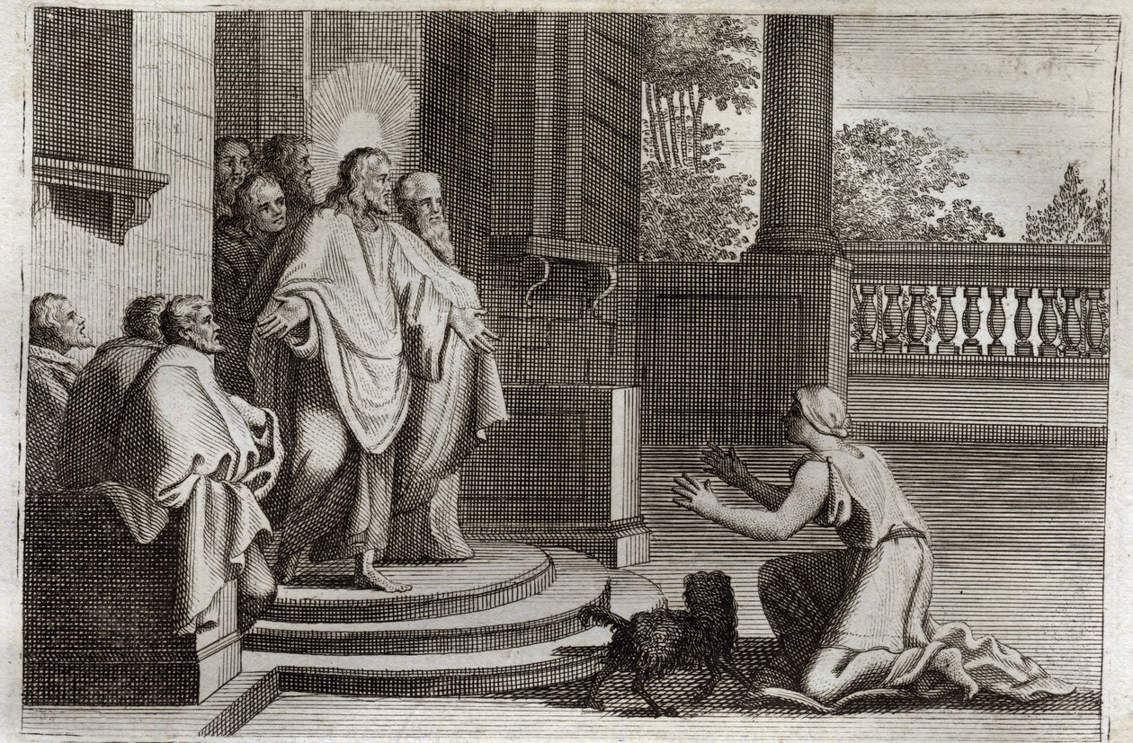 Biblia Royaumont, Nowy Testament: Jezus Chrystus i żona Kanaanu (Kanan lub cudzoziemka). Chłopka prosi Pana o pomoc w uzdrowieniu jej córki. Chrystus odpowiedział mu: „Posłano mnie tylko do zagubionych owiec z domu Izraela”. Ilustracja z autorstwa Unknown artist