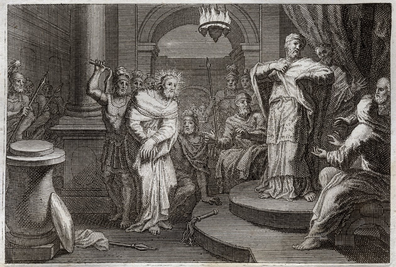 Biblia Royaumont, Nowy Testament: Jezus Chrystus przed Kajfem i Ananem (Hanan lub Anne lub Hanne). Ilustracja z 1811 roku. autorstwa Unknown artist