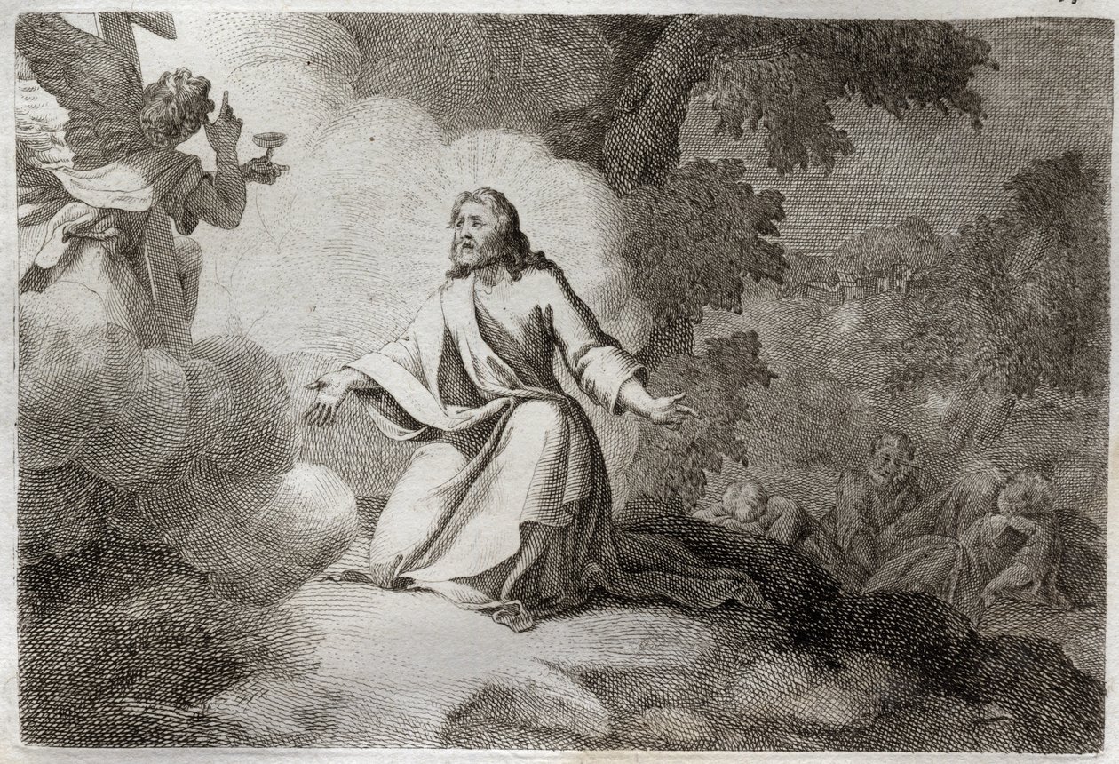 Biblia Royaumont, Nowy Testament: Jezus Chrystus w Ogrodzie (modlitwa na Górze Oliwnej). Jezusowi ukazuje się anioł trzymający kielich. Apoterzy św. Piotra, św. Jana i św. Jakuba śpią. Ilustracja z 1811 roku. autorstwa Unknown artist