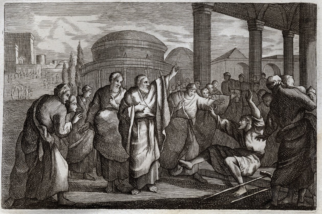 Biblia Royaumont, Nowy Testament: Lame gueri. Św. Paweł wojuje kulawy i aresztuje lud, który chciał złożyć mu ofiarę jak Bóg. Ilustracja z 1811 roku. autorstwa Unknown artist