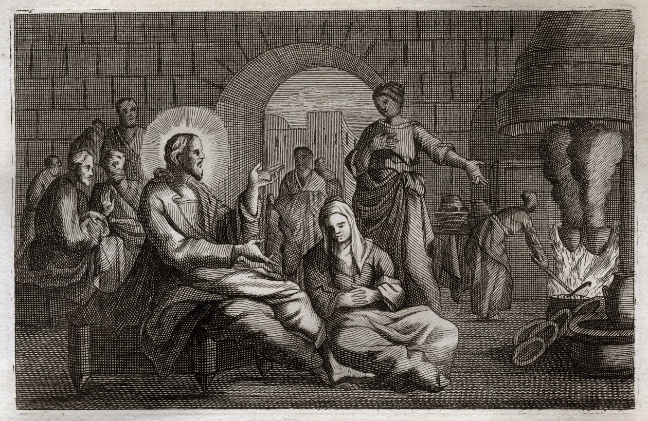 Biblia Royaumont, Nowy Testament: Marta i Maria. Jezus Chrystus wchodzi do domu Marty, która spieszy, aby go przyjąć, podczas gdy jego siostra Maria z Betanii wysłuchuje jego słowa. Ilustracja z 1811 roku. autorstwa Unknown artist