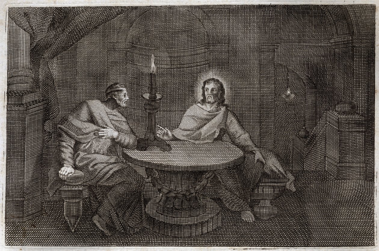 Biblia Royaumont, Nowy Testament: Nikodema przychodzi nocą, aby znaleźć Jezusa Chrystusa. Ilustracja z 1811 roku. autorstwa Unknown artist