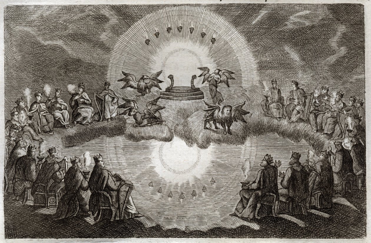 Biblia Royaumont, Nowy Testament: Otwórz Niebo. Pojawia się tron otoczony lwem, wołem, człowiekiem i orłem (tetramorfa) oraz siedmioma lampami. Wizję tę otaczają dwudziestu czterech starych ludzi siedzących na tronach. Ilustracja z 1811 roku. autorstwa Unknown artist
