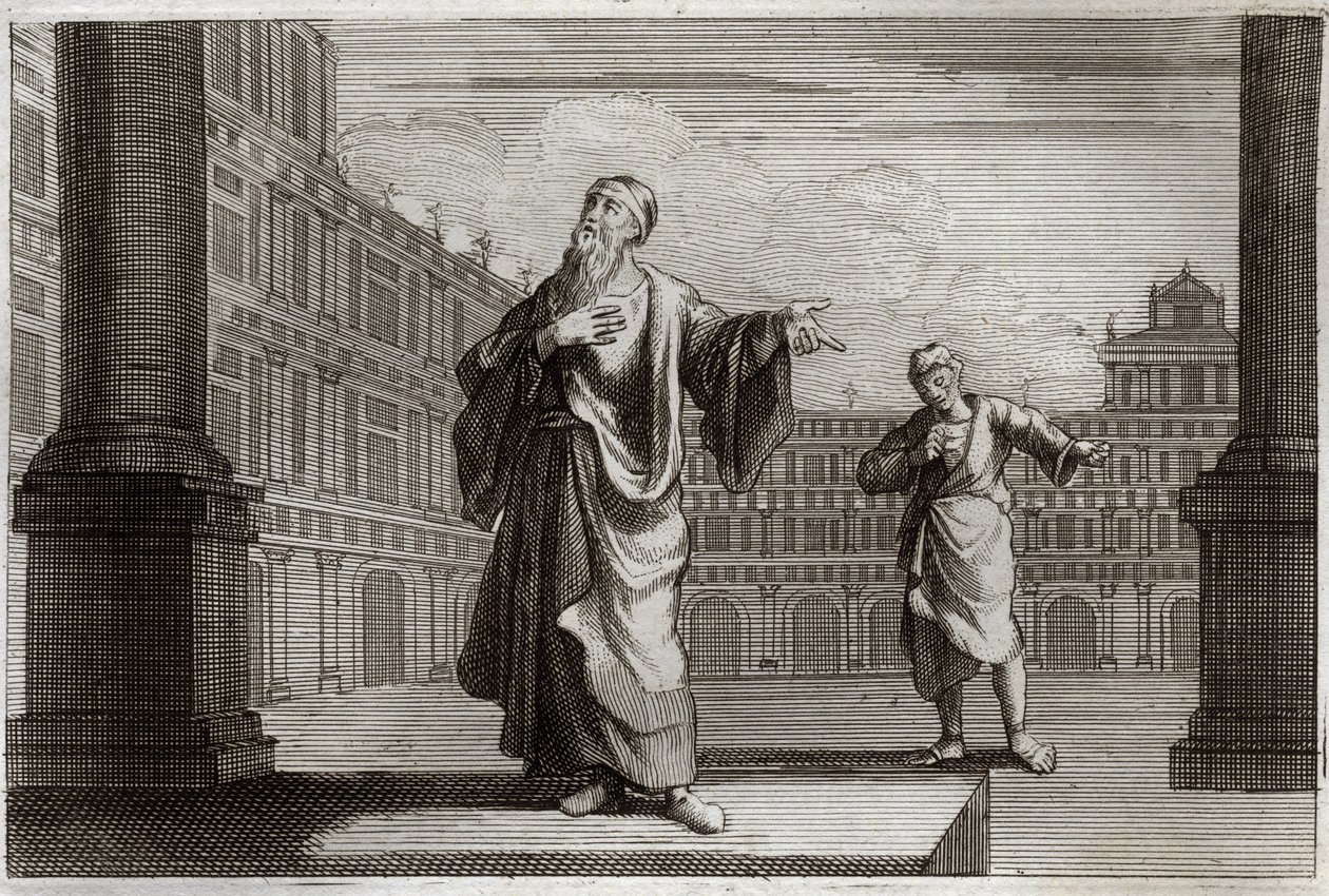 Biblia Royaumont, Nowy Testament: Przypowieść o faryzeuszu i celniku, który poszedł modlić się w świątyni. Ilustracja z 1811 roku. autorstwa Unknown artist