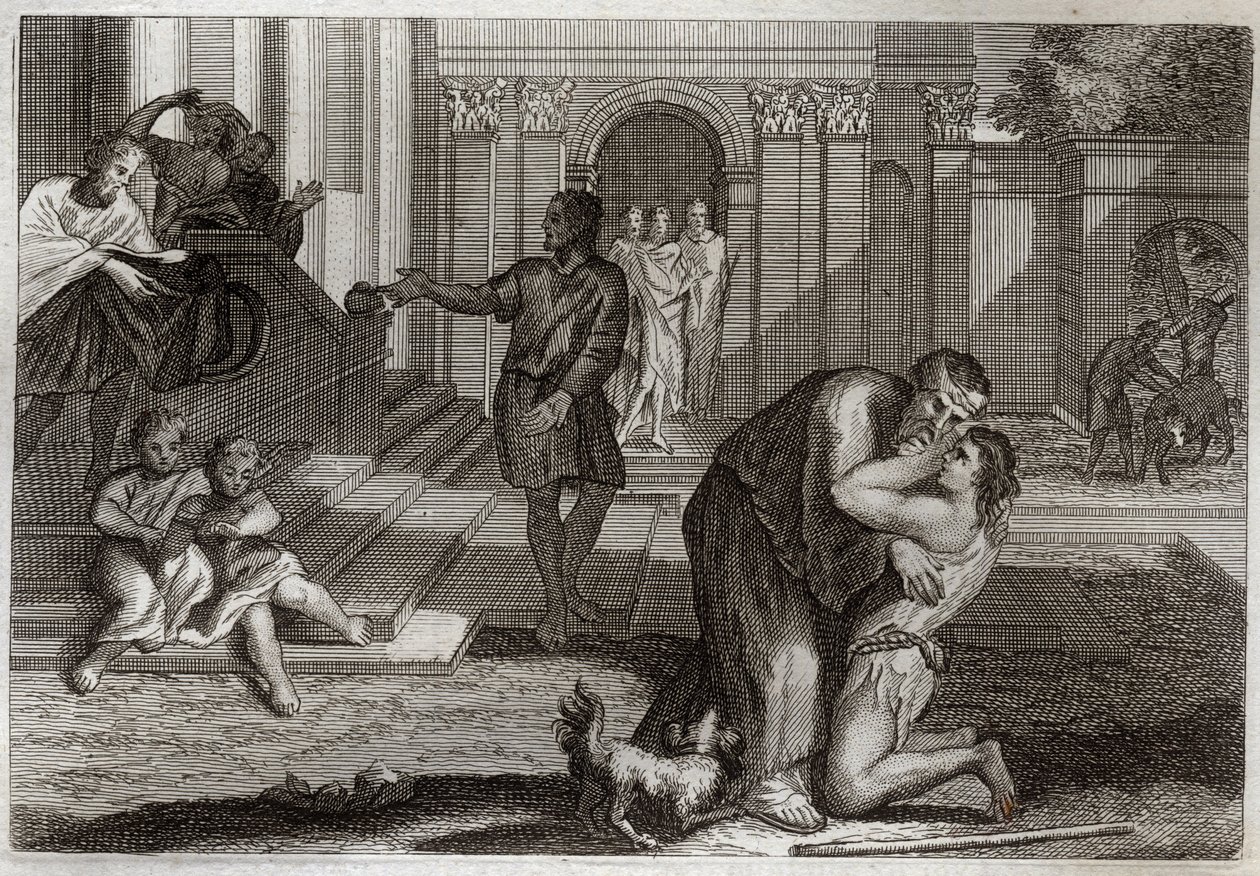 Biblia Royaumont, Nowy Testament: Przypowieść o dziecku marnotrawnym. Syn wraca do domu po tym, jak wyjechał i stracił cały swój dobytek. Przychodzi prosić ojca o przebaczenie. Ilustracja z 1811 roku. autorstwa Unknown artist