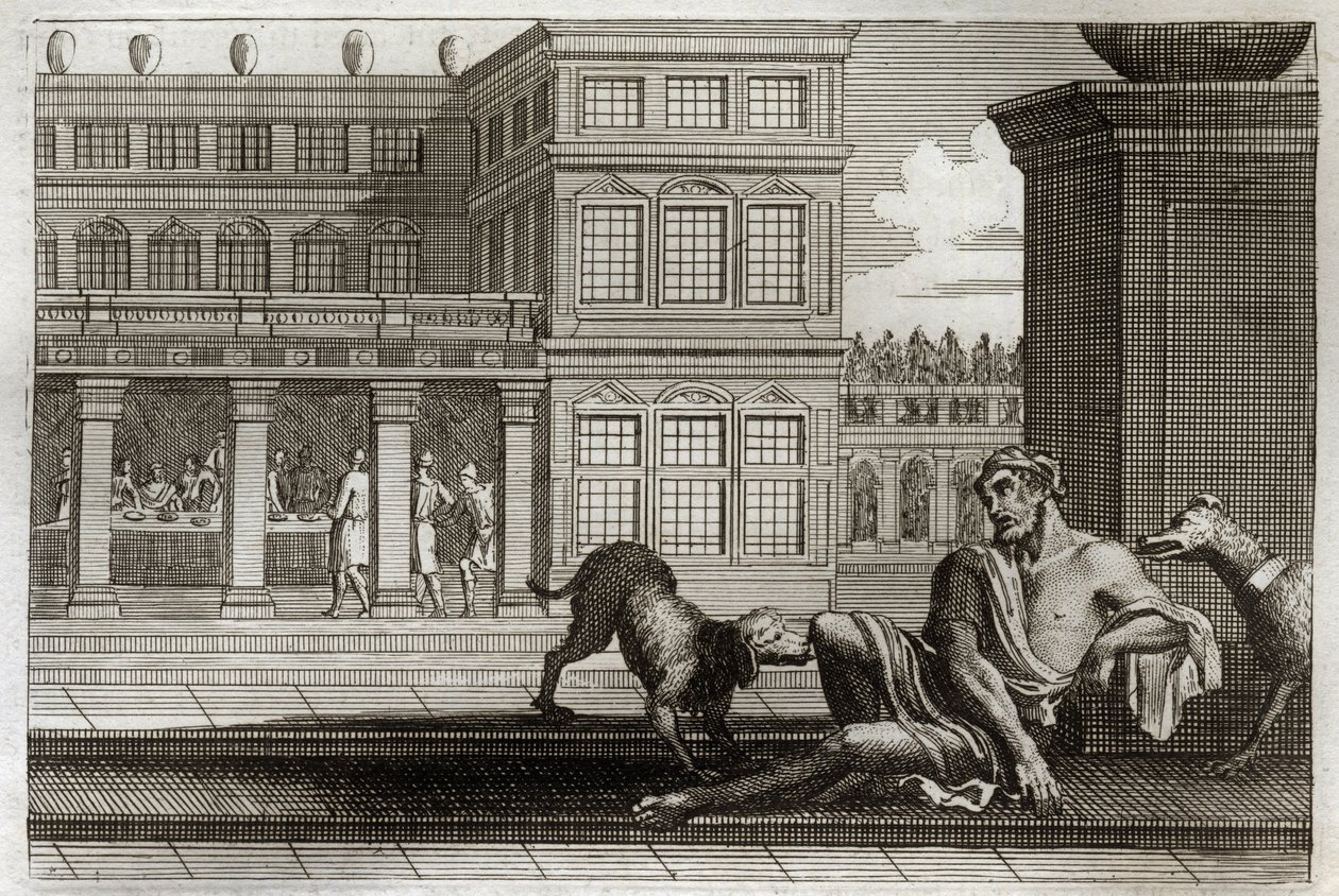 Biblia Royaumont, Nowy Testament: Przypowieść o złych bogaczach przedstawia przy stole z tyłu i Łazarza żebraka, którego psy bogatych liżą rany. Ilustracja z 1811 roku. autorstwa Unknown artist
